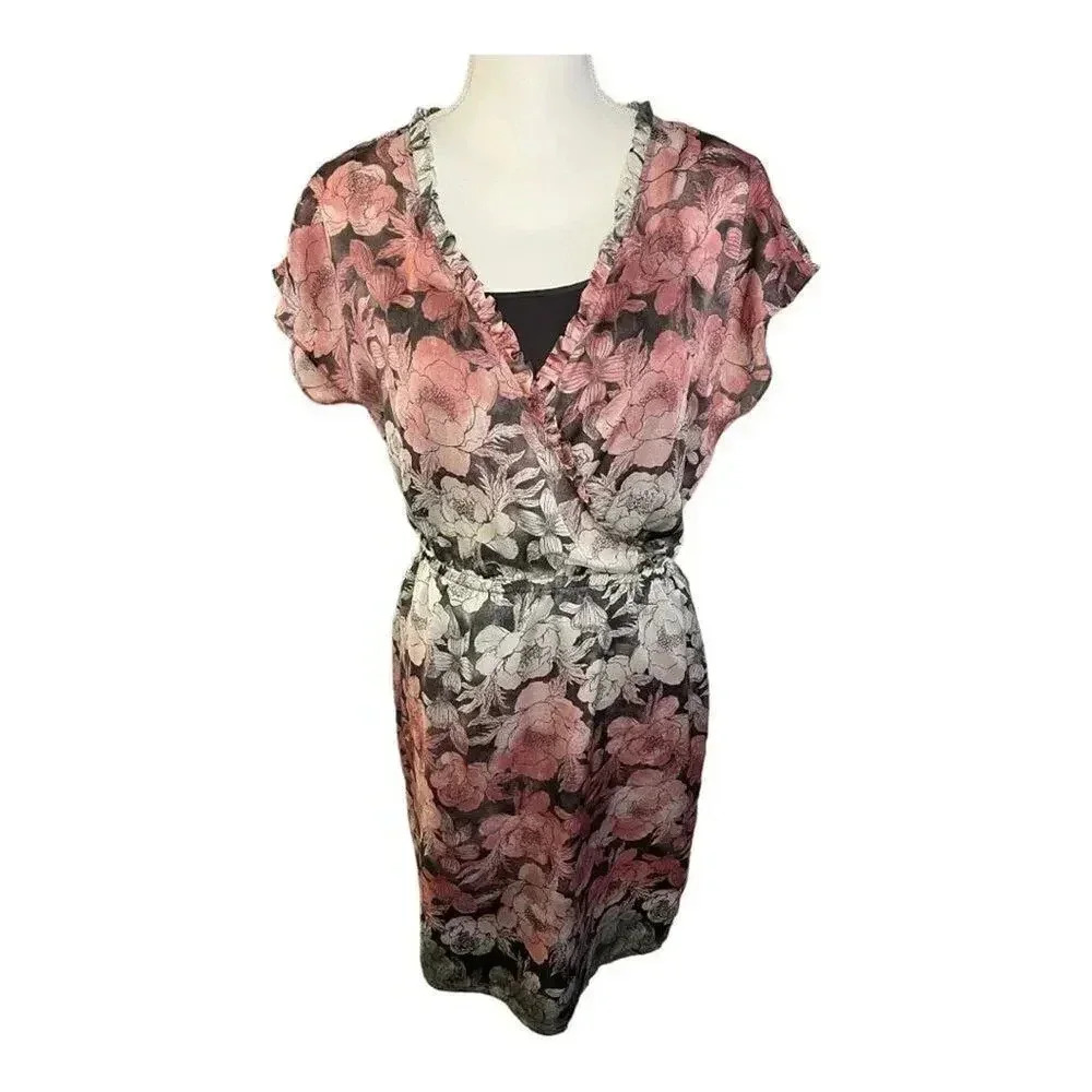 THE LIMITED Women’s Medium Pink Gray White Ruffle Sleeveless‎ Floral Wrap Dress